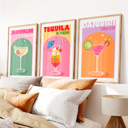 Retro Art Champagne Cocktail Wall Art Set- Natural Wood Framed Poster with White Border - Artworksets