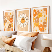 Retro Art Daisy Smile Wall Set- Natural Wood Framed Poster with White Border - Artworksets