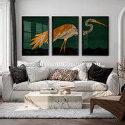 Stylized Heron Triptych in Retro Art Style - Black Framed Poster No Border - Artworksets