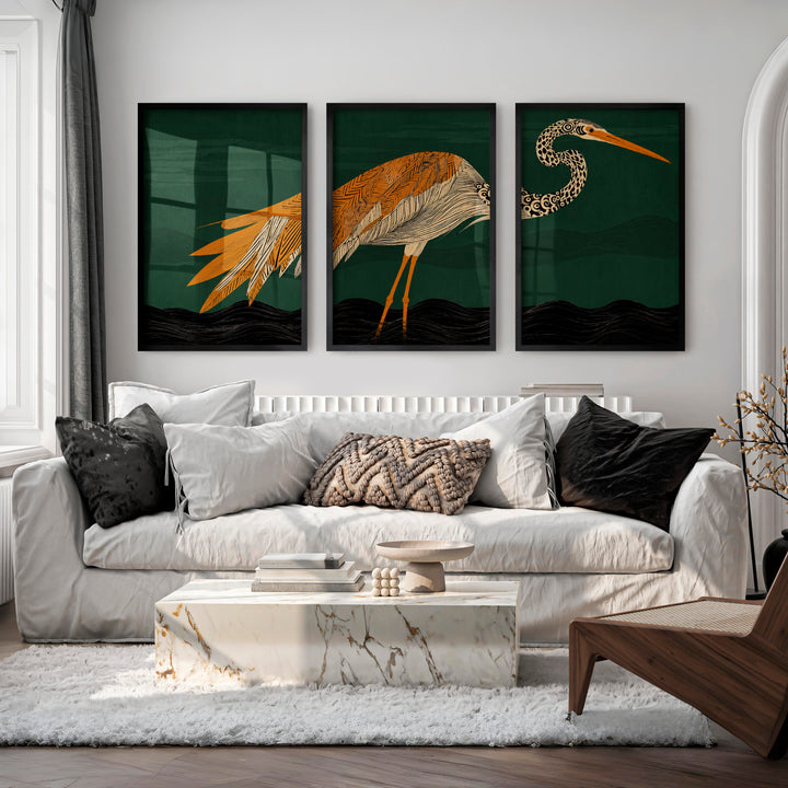 Stylized Heron Triptych in Retro Art Style - Black Framed Poster No Border - Artworksets