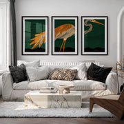 Stylized Heron Triptych in Retro Art Style - Black Framed Poster with White Border - Artworksets