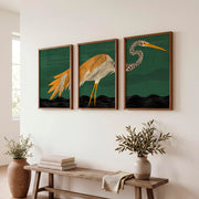 Stylized Heron Triptych in Retro Art Style - Dark Brown Framed Poster No Border - Artworksets