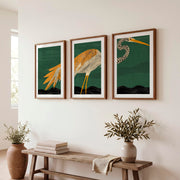Stylized Heron Triptych in Retro Art Style - Dark Brown Framed Poster with White Border - Artworksets