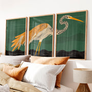 Stylized Heron Triptych in Retro Art Style - Natural Wood Framed Poster No Border - Artworksets