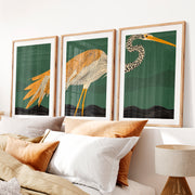 Stylized Heron Triptych in Retro Art Style- Natural Wood Framed Poster with White Border - Artworksets
