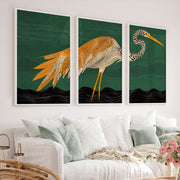 Stylized Heron Triptych in Retro Art Style - White Framed Poster No Border - Artworksets