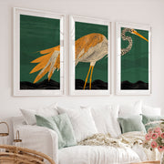 Stylized Heron Triptych in Retro Art Style - White Framed Poster with White Border - Artworksets