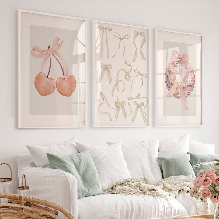 Soft Bow retro art posters with Cherries - White Framed Poster No Border - Artworksets