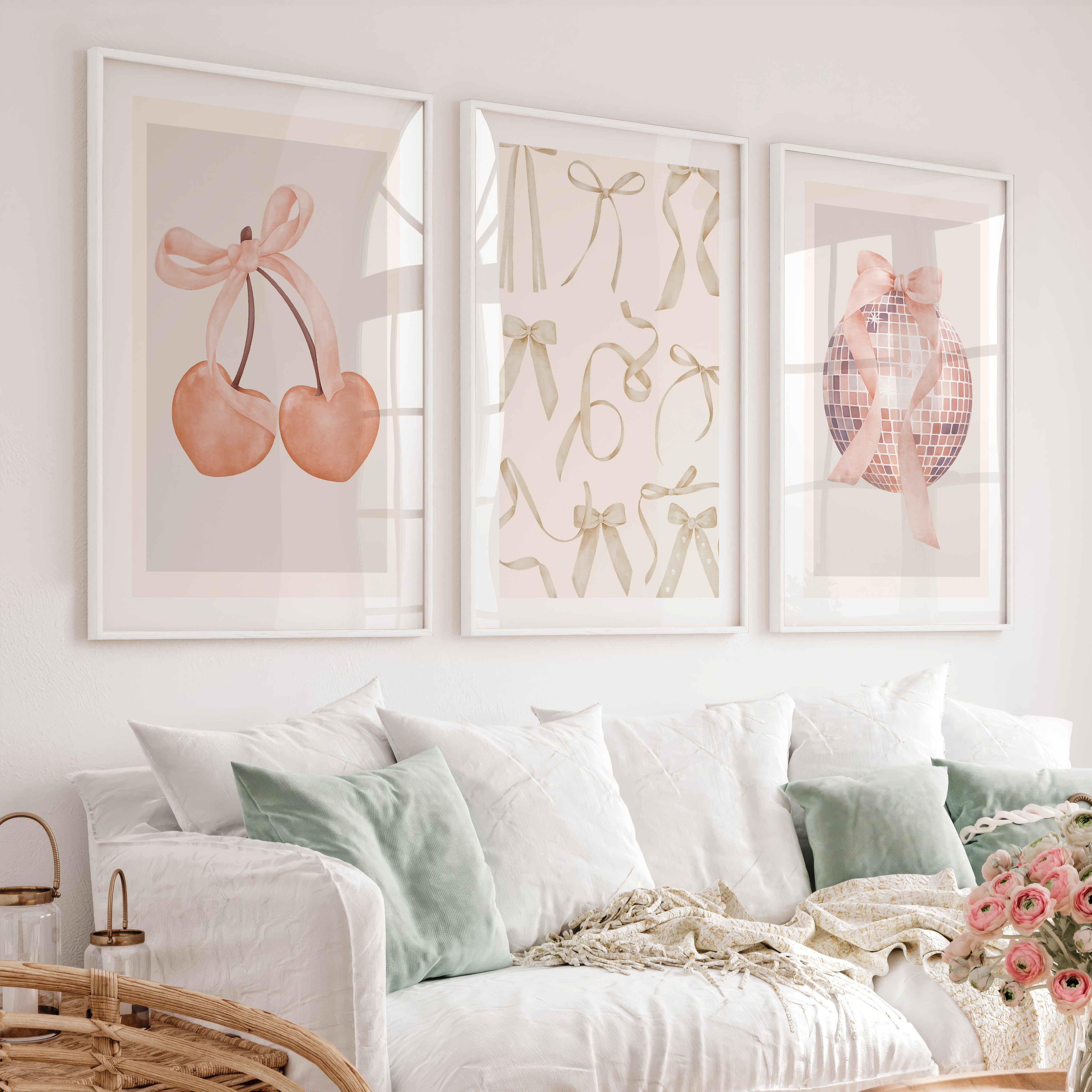 Soft Bow retro art posters with Cherries - White Framed Poster with White Border - Artworksets