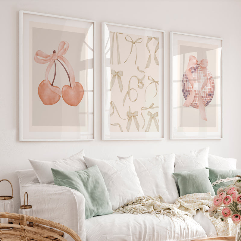 Soft Bow retro art posters with Cherries - White Framed Poster with White Border - Artworksets