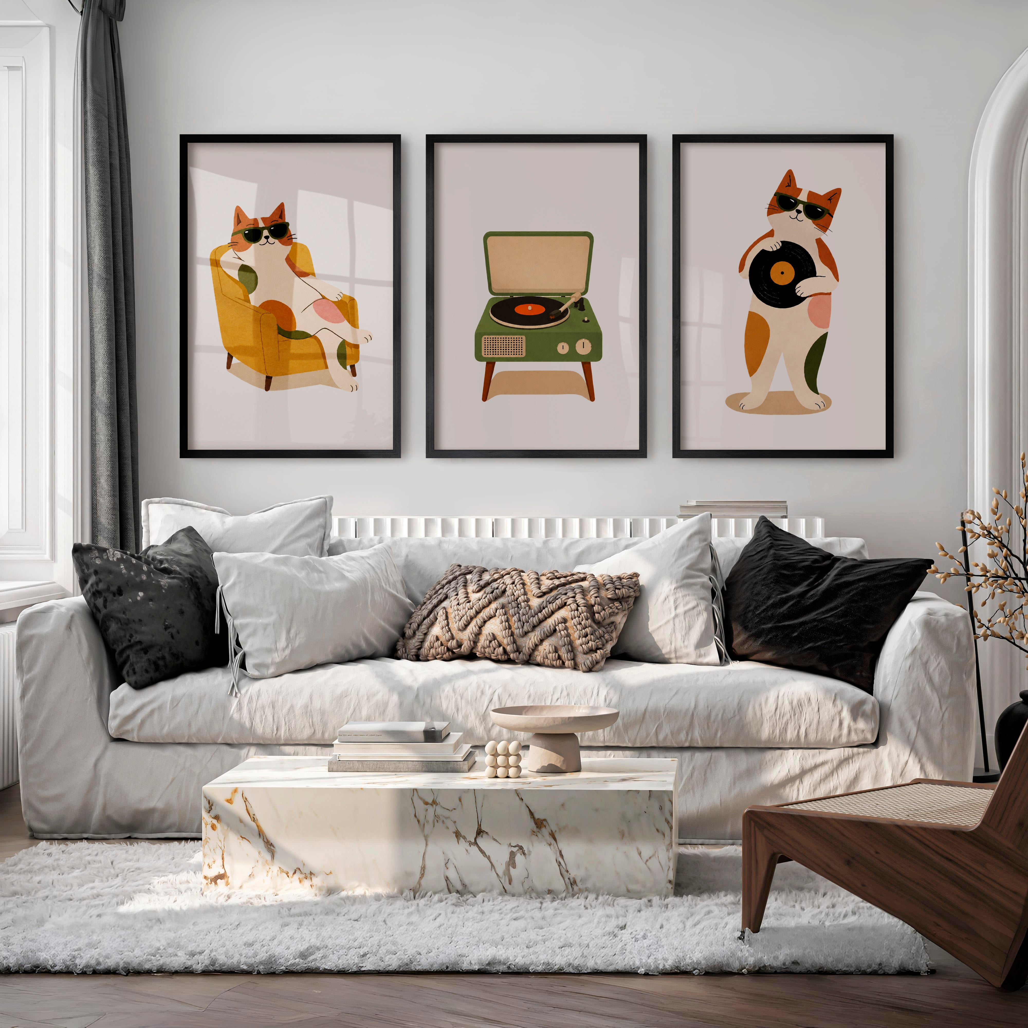 Cool Cats with Record Player Retro Art Posters - Black Framed Poster No Border - Artworksets