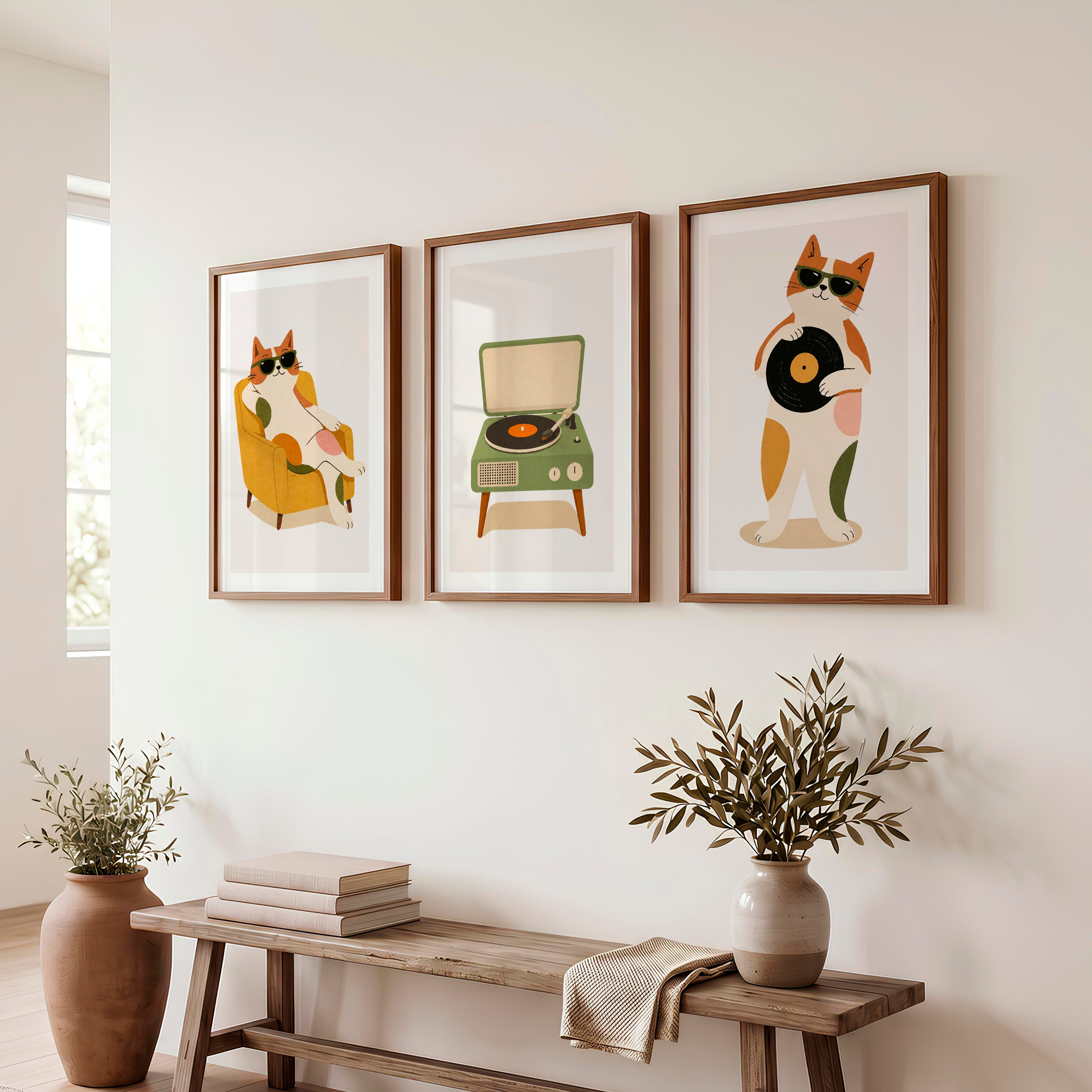 Cool Cats with Record Player Retro Art Posters - Dark Brown Framed Poster with White Border - Artworksets