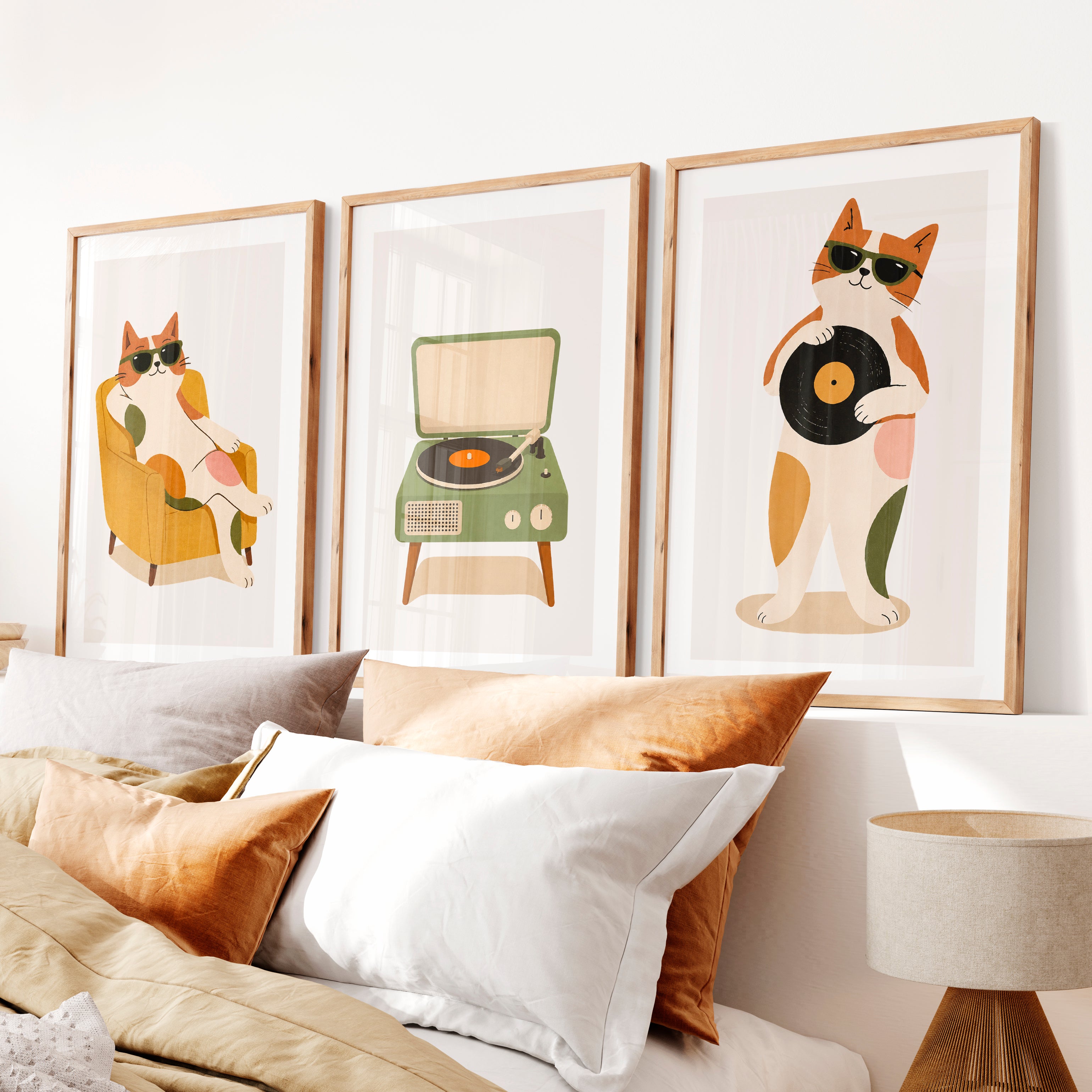 Cool Cats with Record Player Retro Art Posters- Natural Wood Framed Poster with White Border - Artworksets