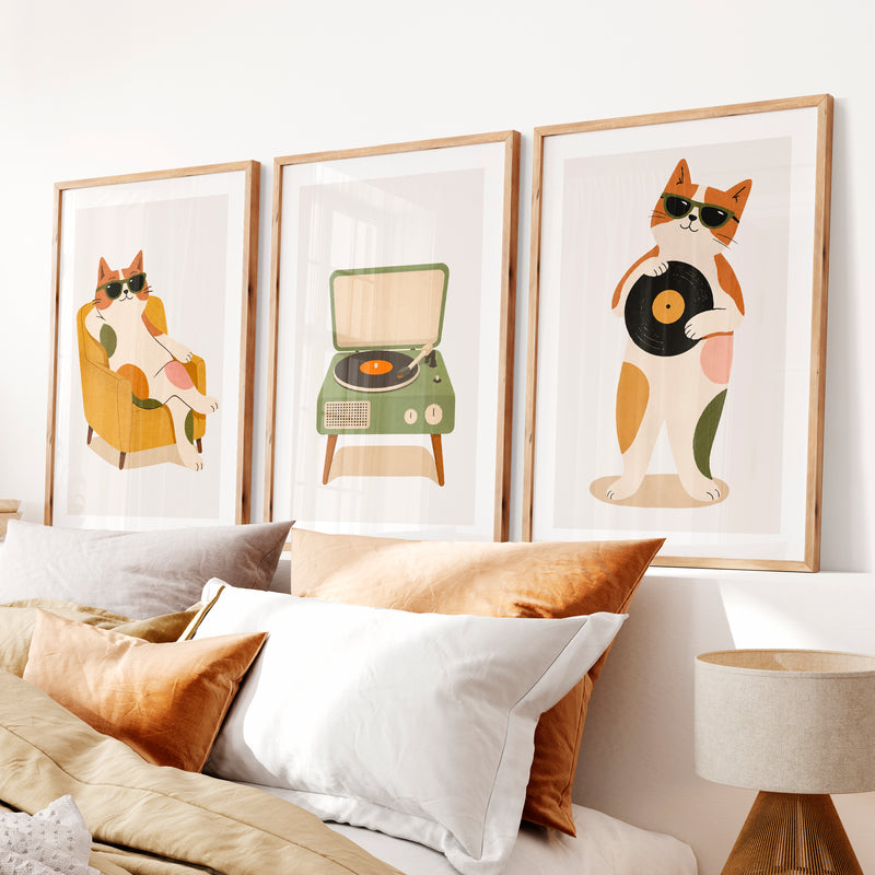 Cool Cats with Record Player Retro Art Posters- Natural Wood Framed Poster with White Border - Artworksets