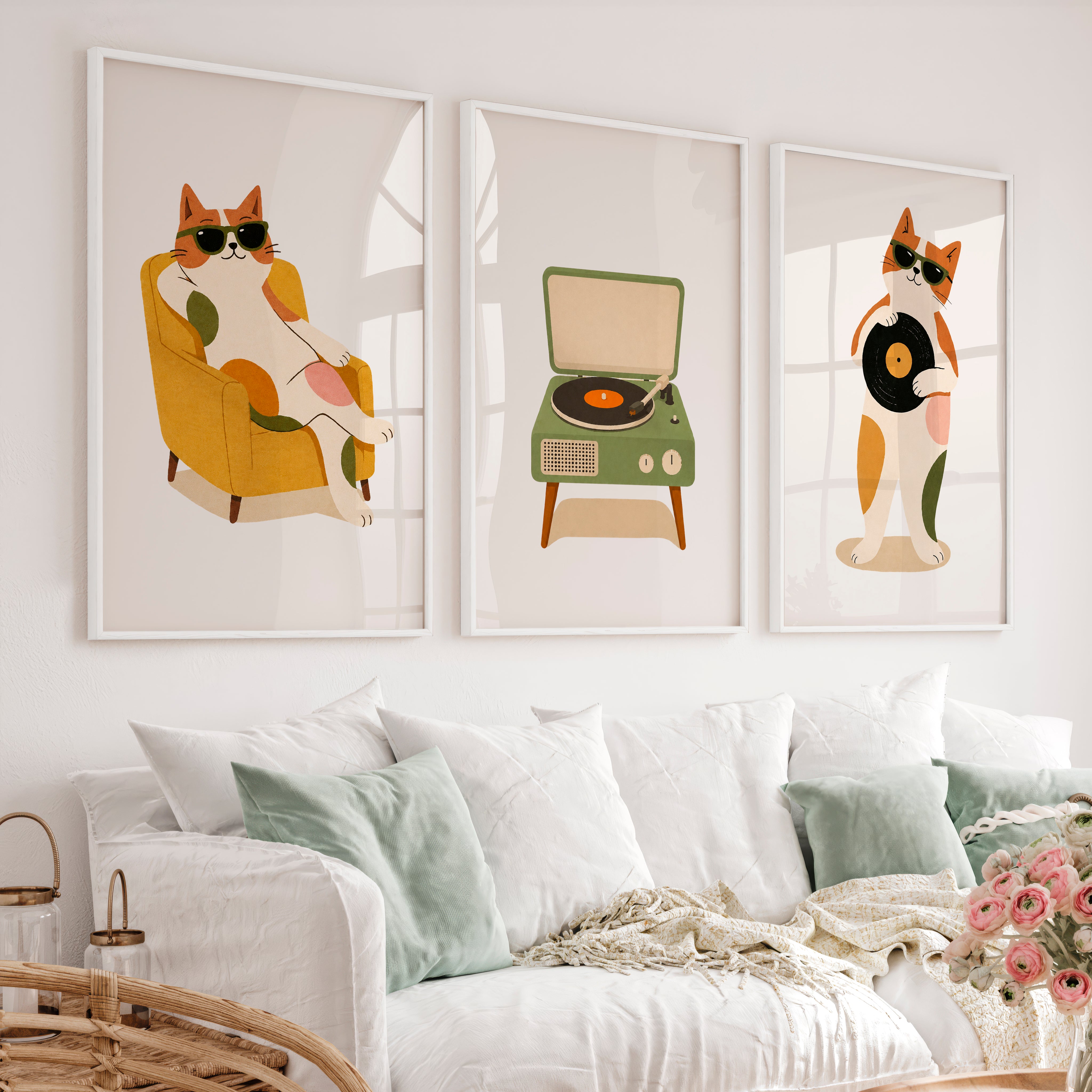 Cool Cats with Record Player Retro Art Posters - White Framed Poster No Border - Artworksets
