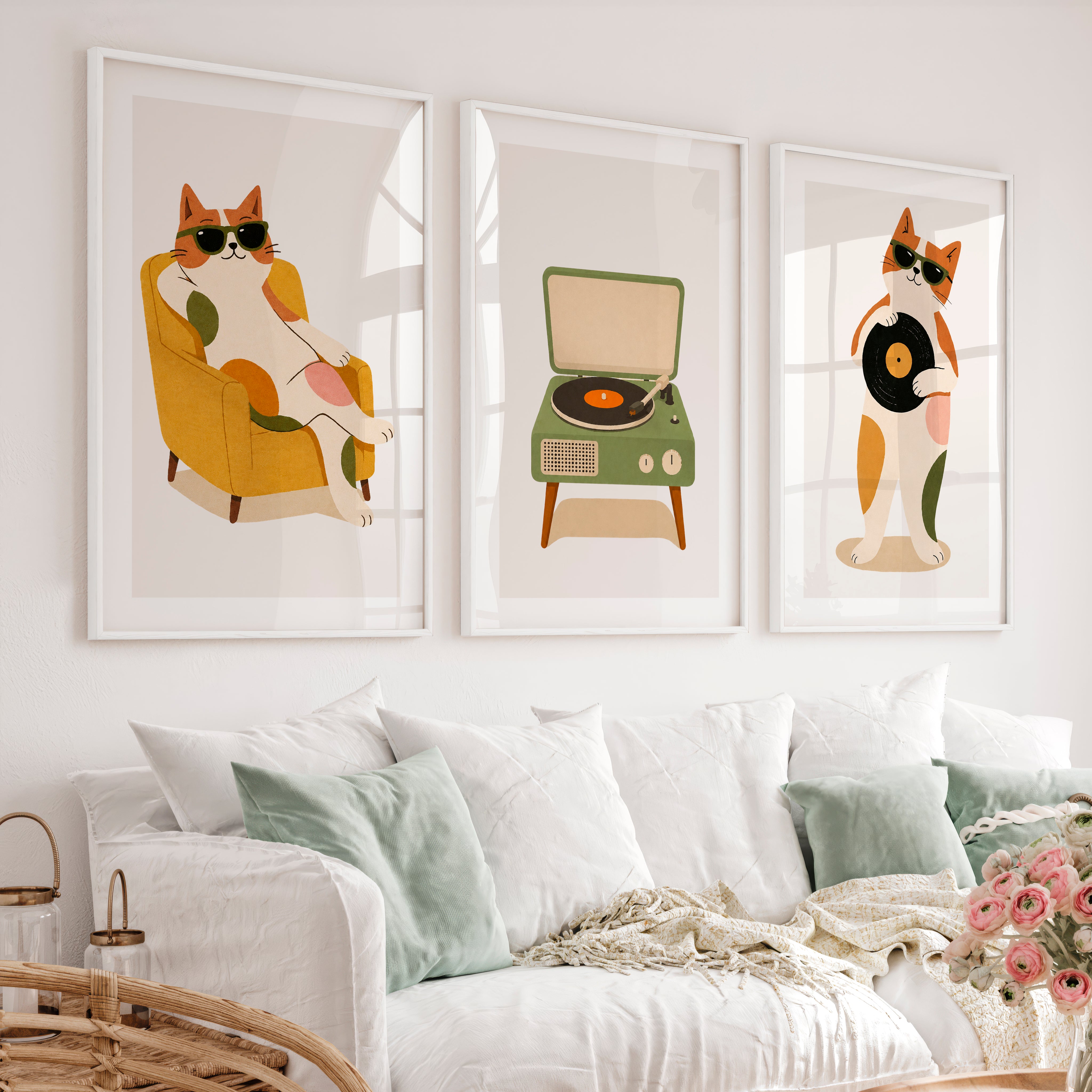 Cool Cats with Record Player Retro Art Posters - White Framed Poster with White Border - Artworksets