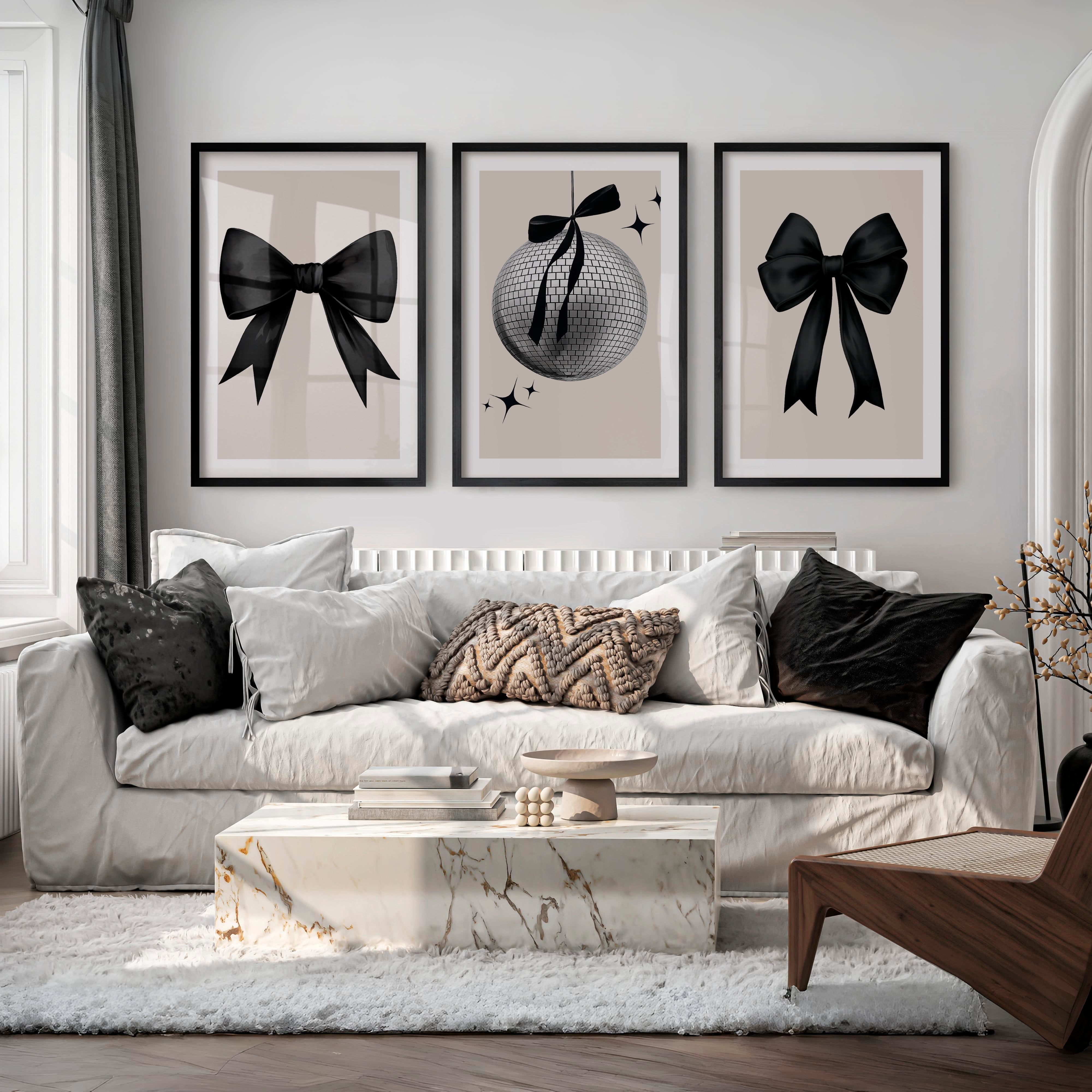 Disco Ball and Black Bow Retro Art Posters - Black Framed Poster with White Border - Artworksets