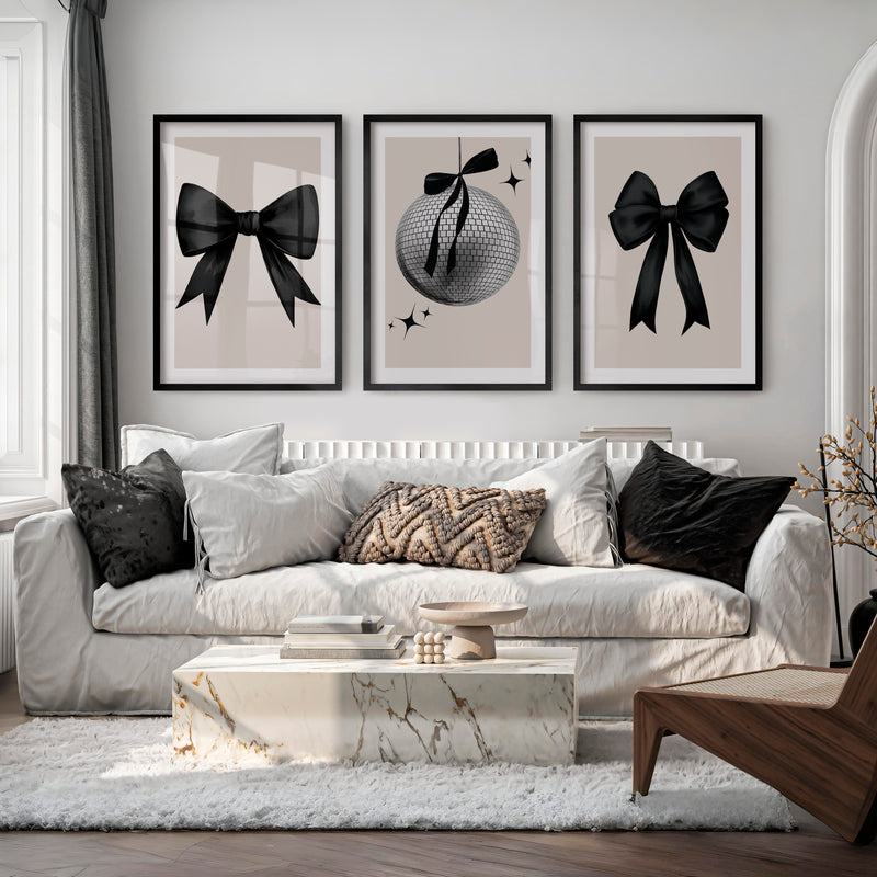 Disco Ball and Black Bow Retro Art Posters - Black Framed Poster with White Border - Artworksets