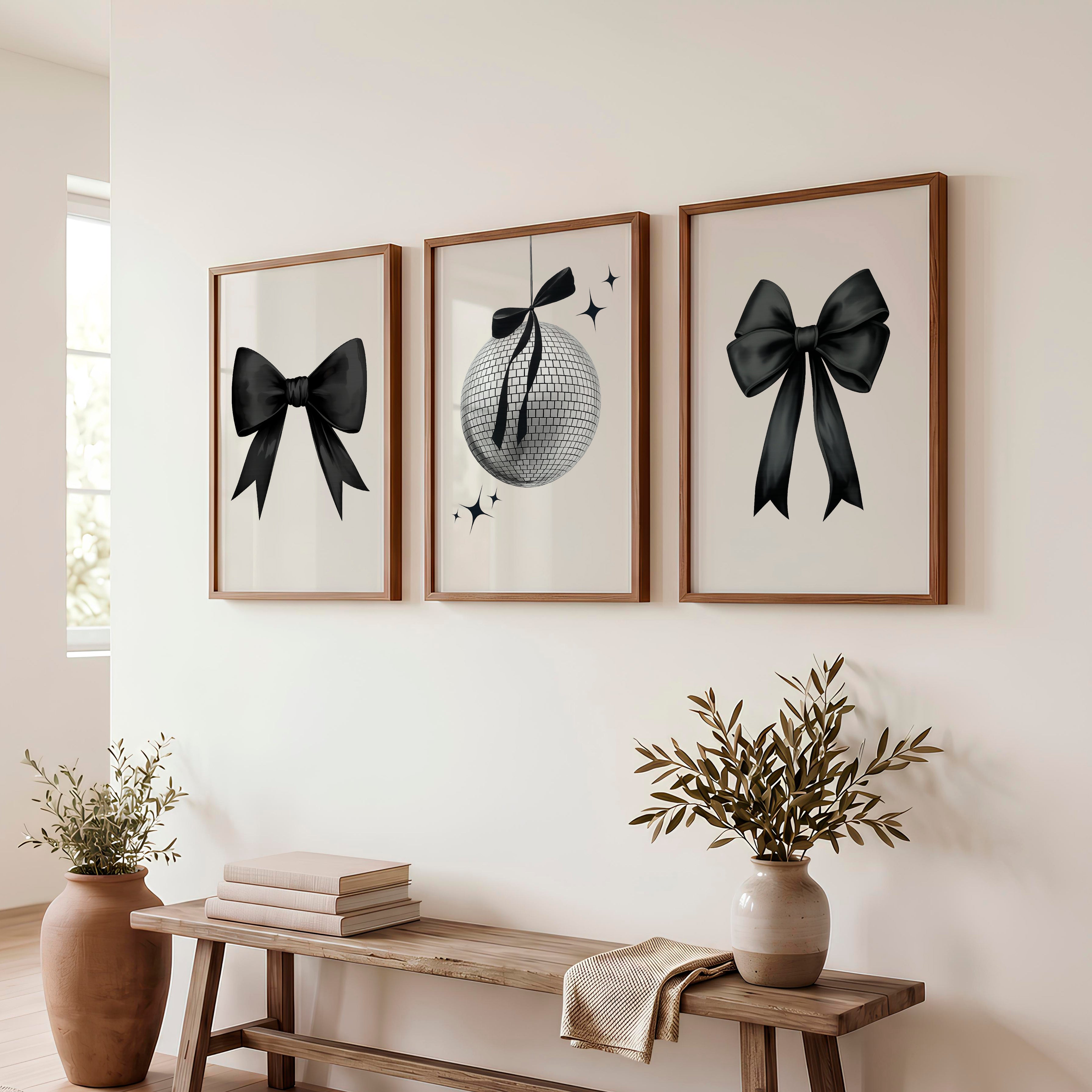 Disco Ball and Black Bow Retro Art Posters - Dark Brown Framed Poster No Border - Artworksets