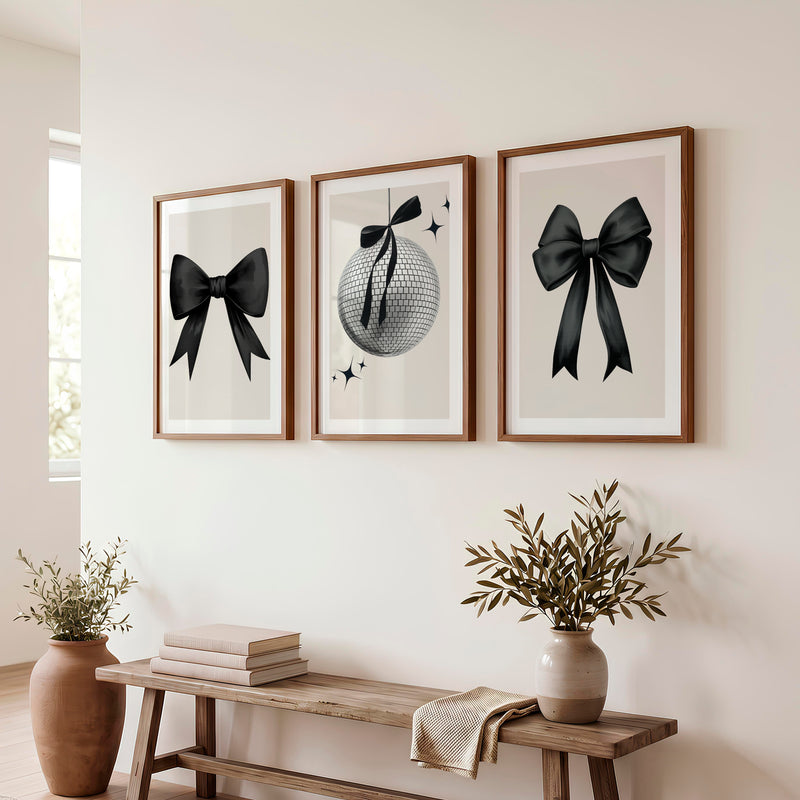Disco Ball and Black Bow Retro Art Posters - Dark Brown Framed Poster with White Border - Artworksets