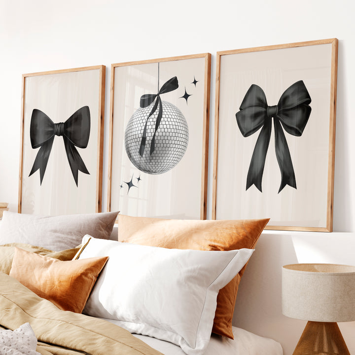 Disco Ball and Black Bow Retro Art Posters - Natural Wood Framed Poster No Border - Artworksets