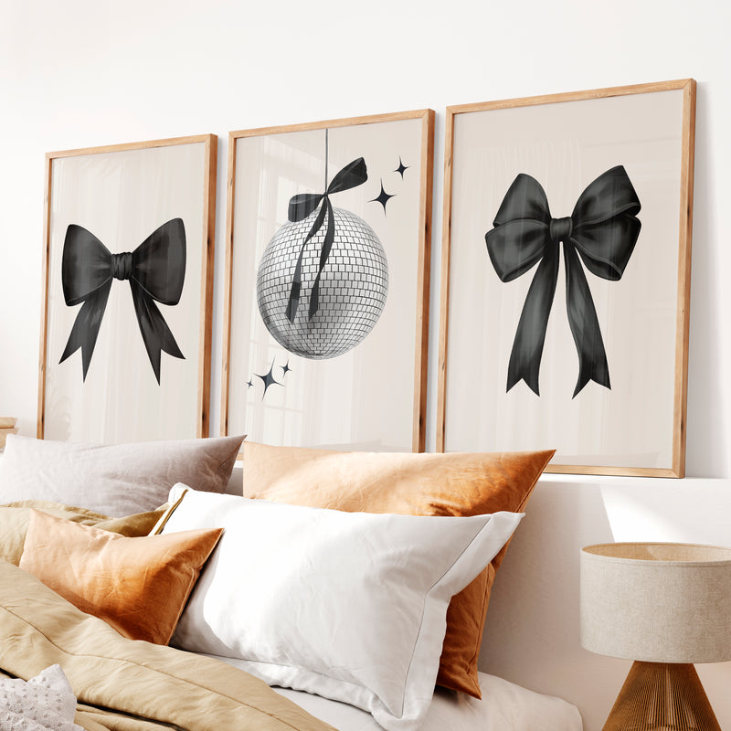 Disco Ball and Black Bow Retro Art Posters - Natural Wood Framed Poster No Border - Artworksets