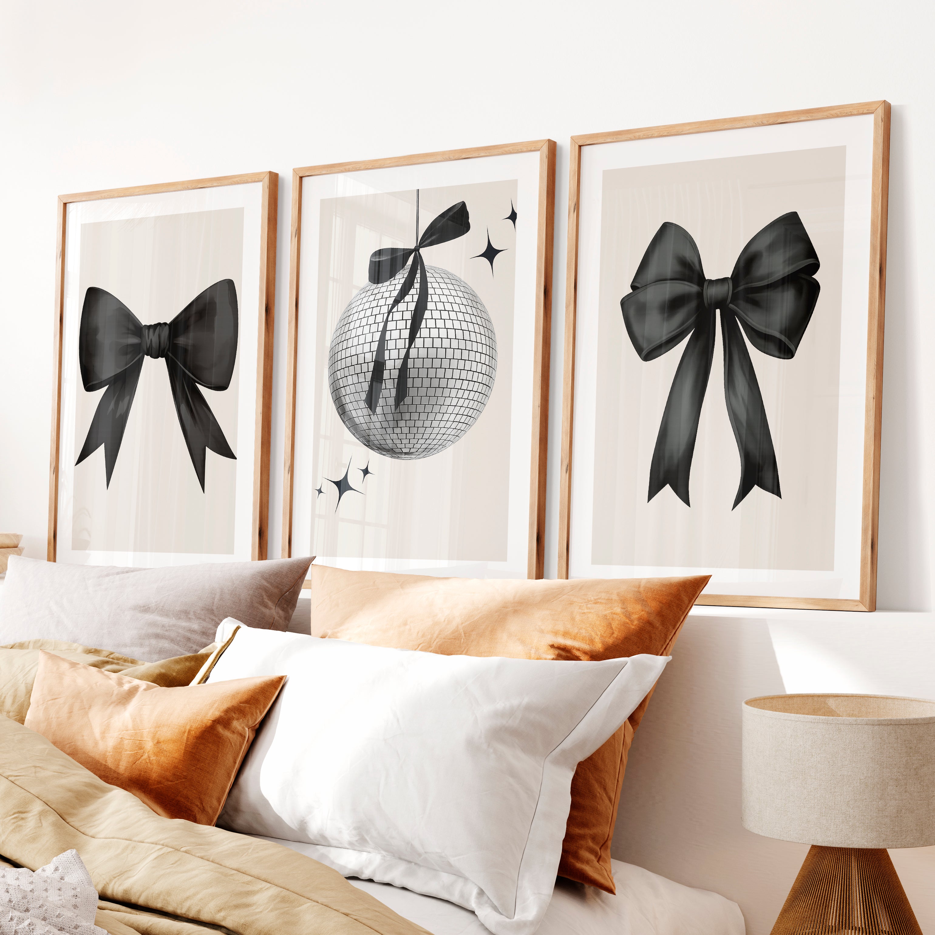 Disco Ball and Black Bow Retro Art Posters- Natural Wood Framed Poster with White Border - Artworksets