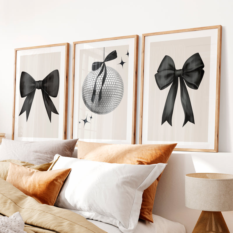 Disco Ball and Black Bow Retro Art Posters- Natural Wood Framed Poster with White Border - Artworksets