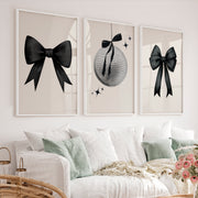 Disco Ball and Black Bow Retro Art Posters - White Framed Poster No Border - Artworksets