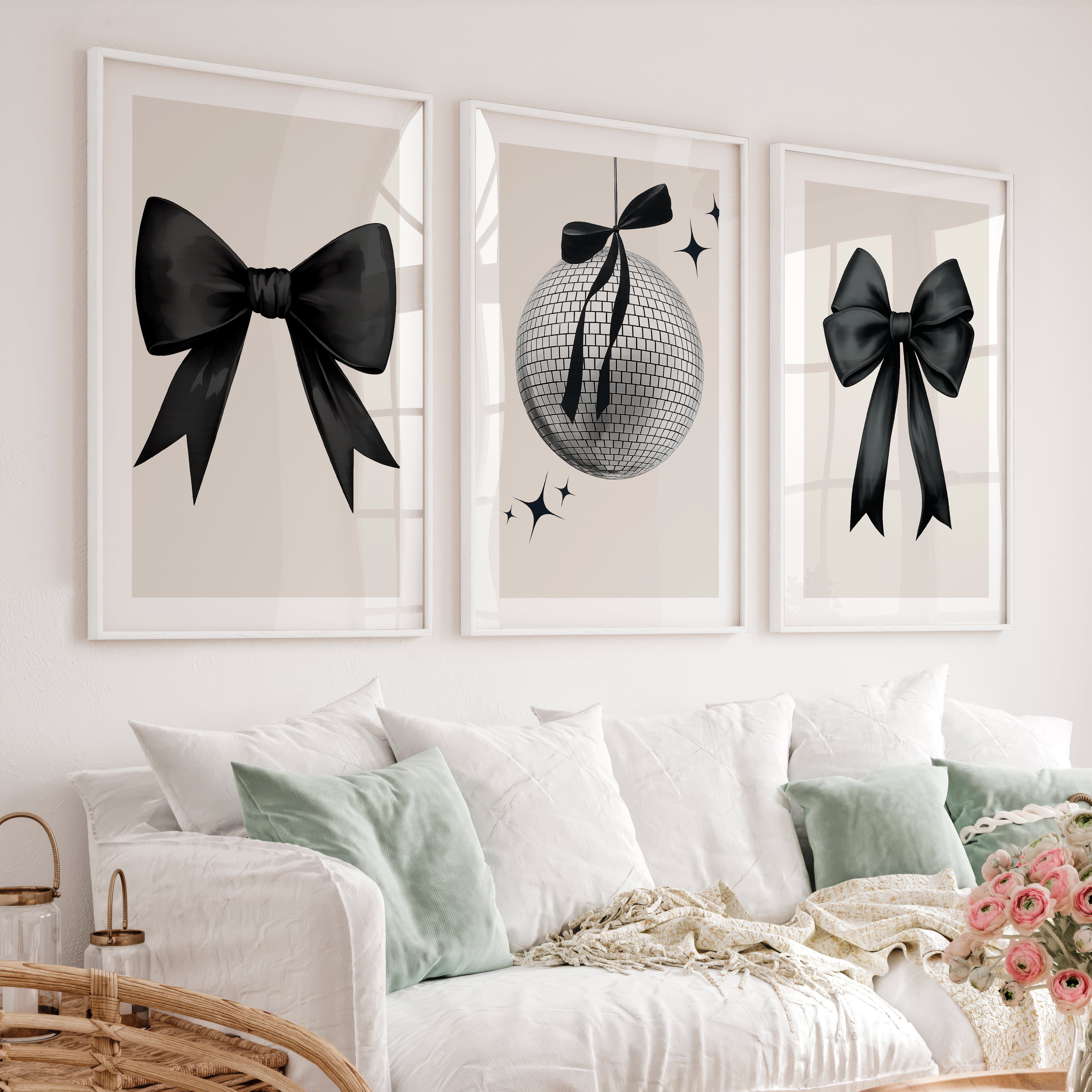 Disco Ball and Black Bow Retro Art Posters - White Framed Poster with White Border - Artworksets