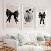 Disco Ball and Black Bow Retro Art Posters - White Framed Poster with White Border - Artworksets
