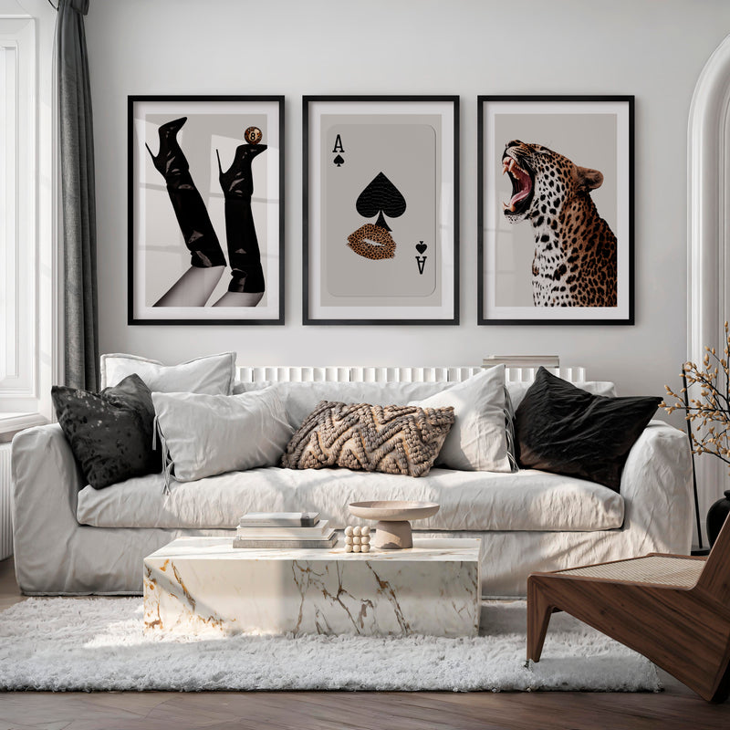 Roaring Leopard retro art prints - Black Framed Poster with White Border - Artworksets