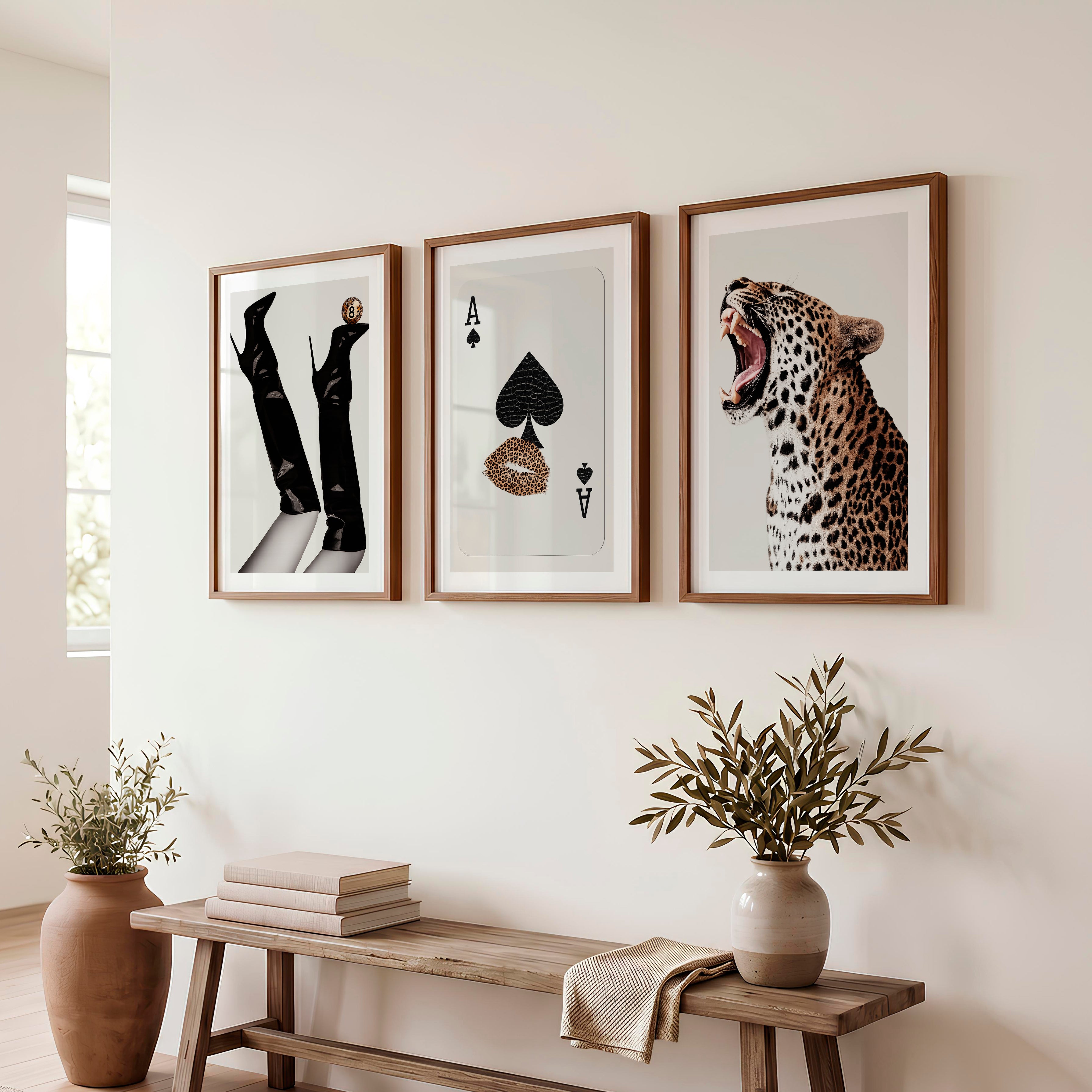 Roaring Leopard retro art prints - Dark Brown Framed Poster with White Border - Artworksets