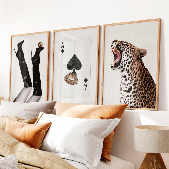 Roaring Leopard retro art prints - Natural Wood Framed Poster No Border - Artworksets