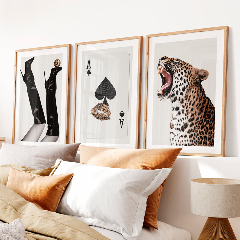 Roaring Leopard retro art prints- Natural Wood Framed Poster with White Border - Artworksets