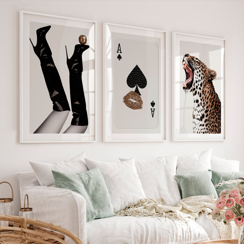 Roaring Leopard retro art prints - White Framed Poster with White Border - Artworksets
