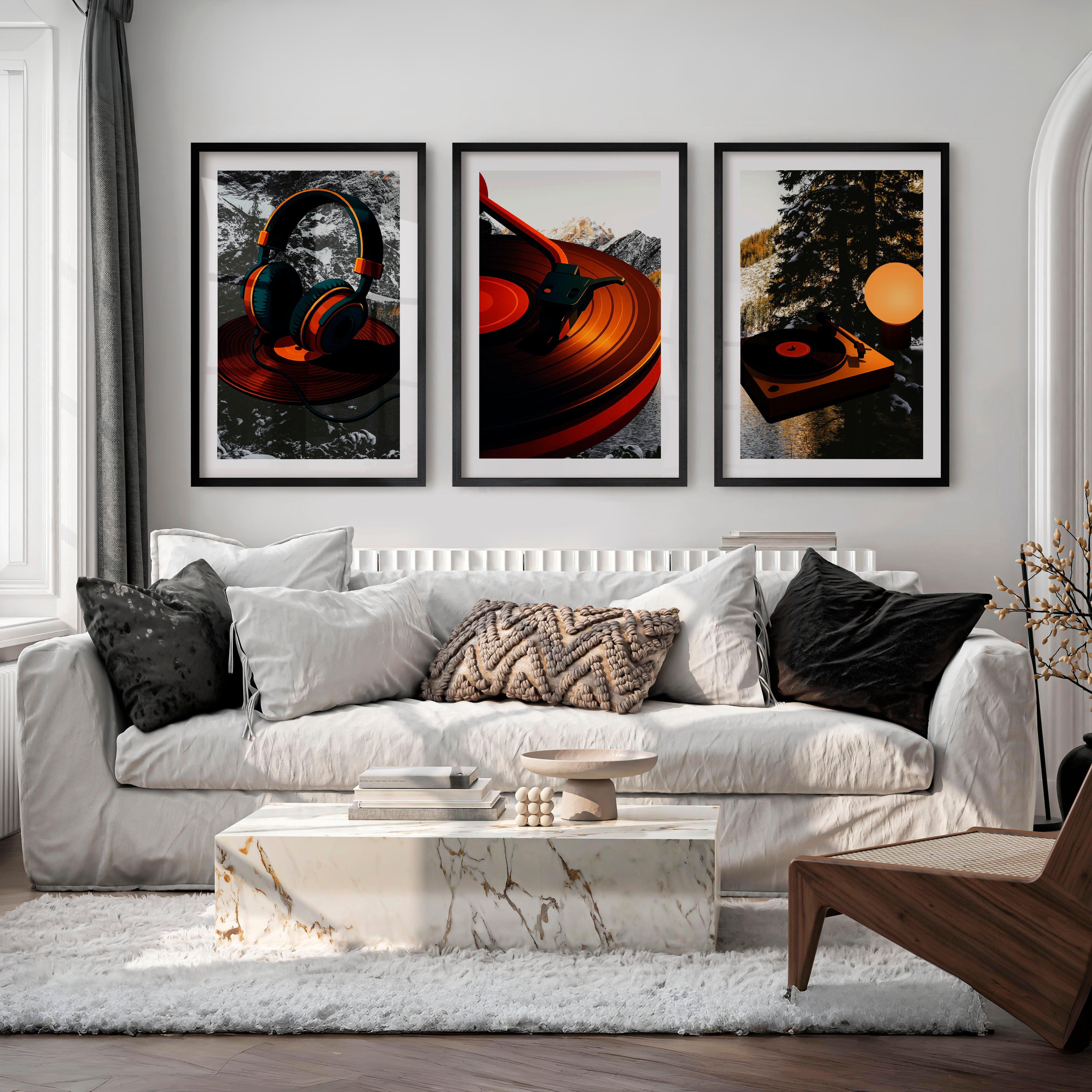 Turntable Glow retro art prints - Black Framed Poster with White Border - Artworksets