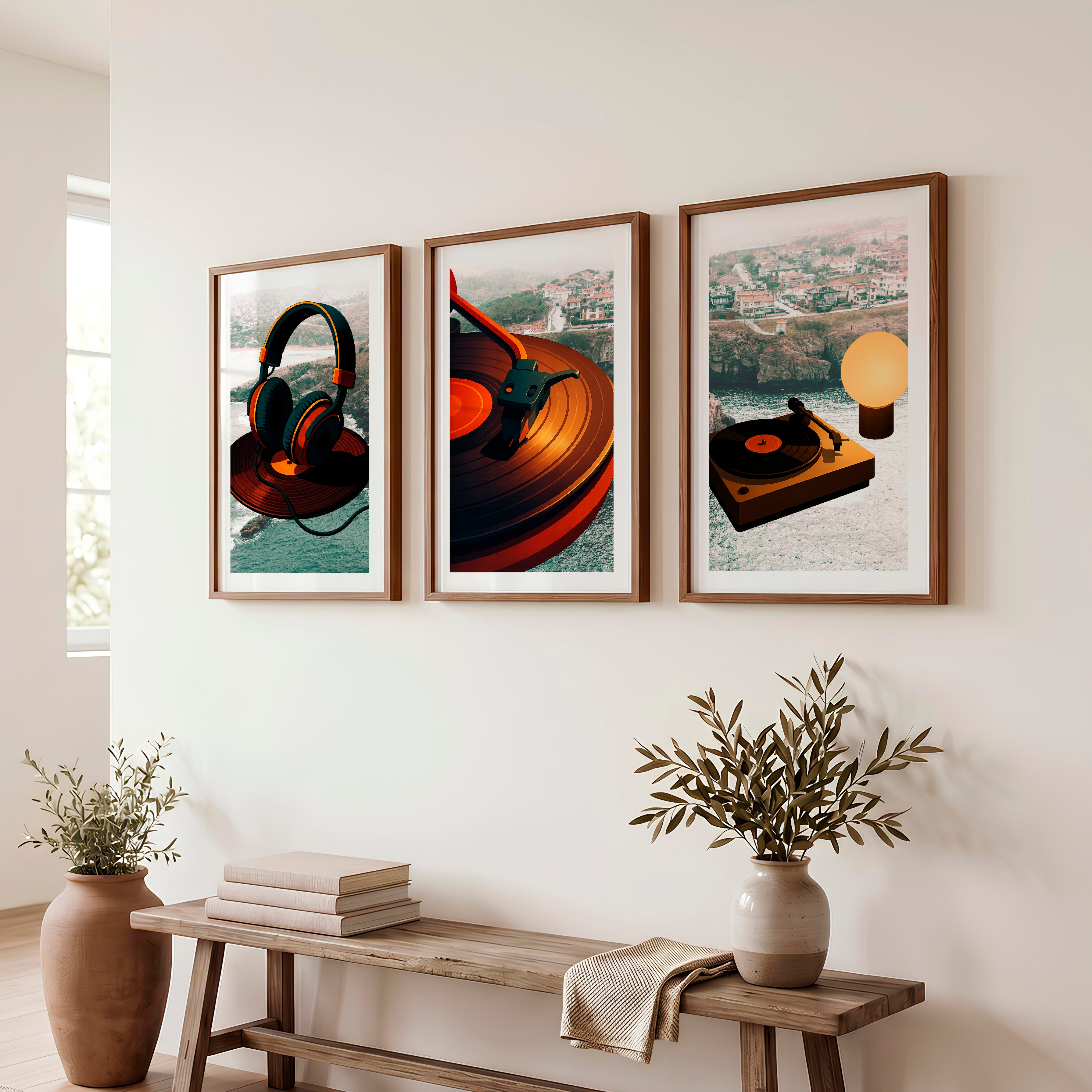 Turntable Glow retro art prints - Dark Brown Framed Poster with White Border - Artworksets