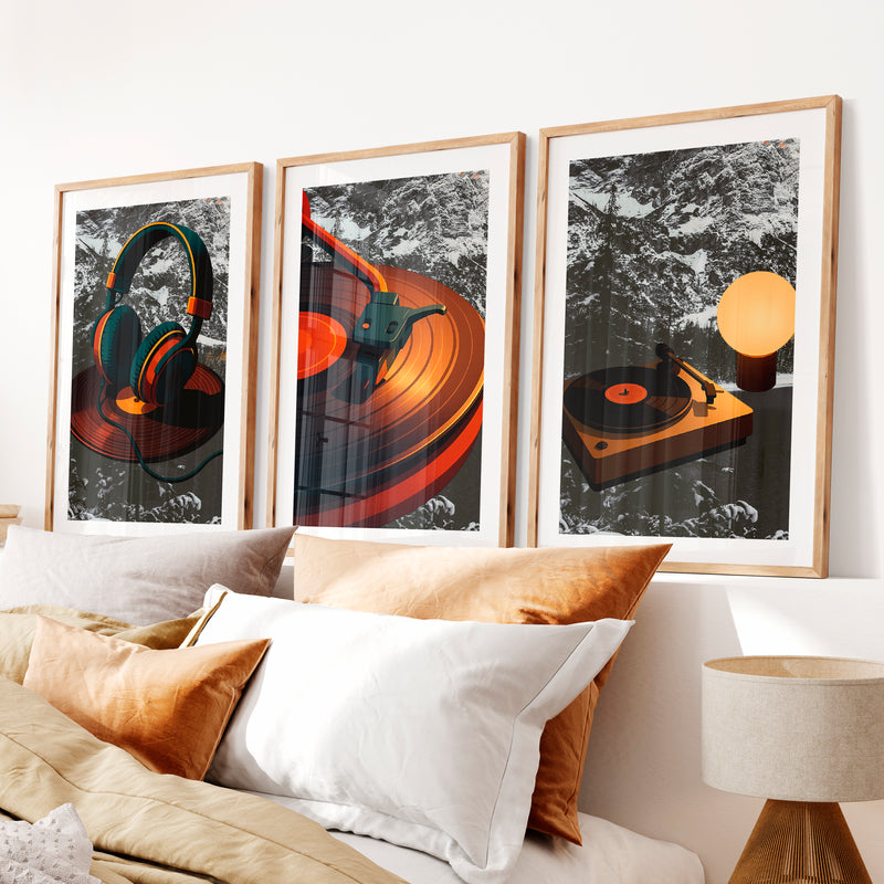 Turntable Glow retro art prints- Natural Wood Framed Poster with White Border - Artworksets