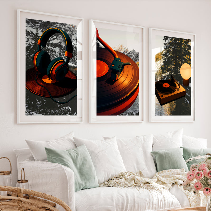 Turntable Glow retro art prints - White Framed Poster with White Border - Artworksets