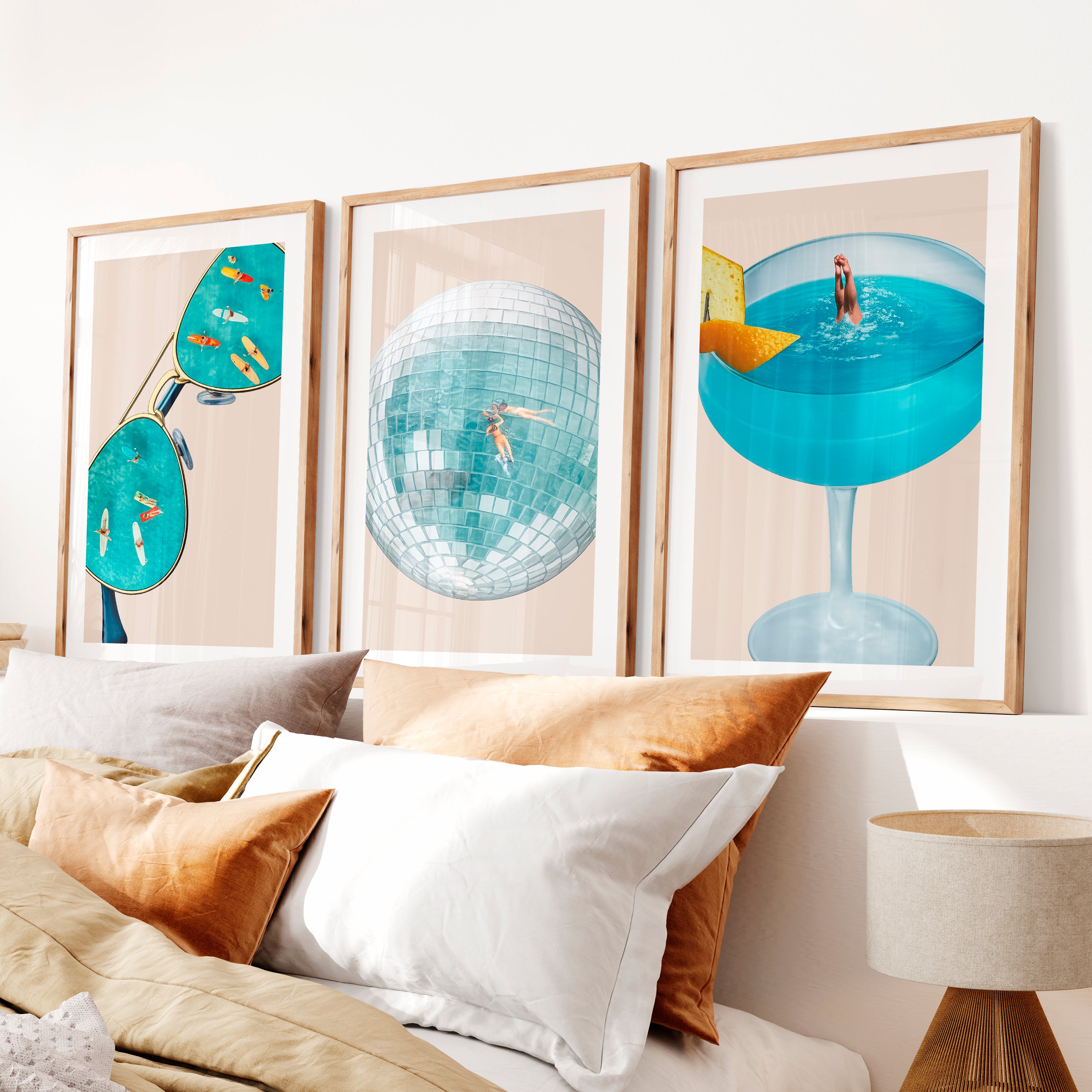 Surreal Summer Collage Retro Art- Natural Wood Framed Poster with White Border - Artworksets