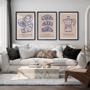 Minimalist Retro Art Wall Featuring Croissants and Coffee - Black Framed Poster with White Border - Artworksets