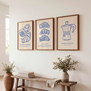 Minimalist Retro Art Wall Featuring Croissants and Coffee - Dark Brown Framed Poster No Border - Artworksets