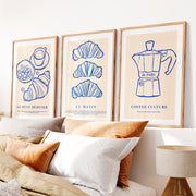 Minimalist Retro Art Wall Featuring Croissants and Coffee- Natural Wood Framed Poster with White Border - Artworksets