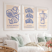 Minimalist Retro Art Wall Featuring Croissants and Coffee - White Framed Poster with White Border - Artworksets