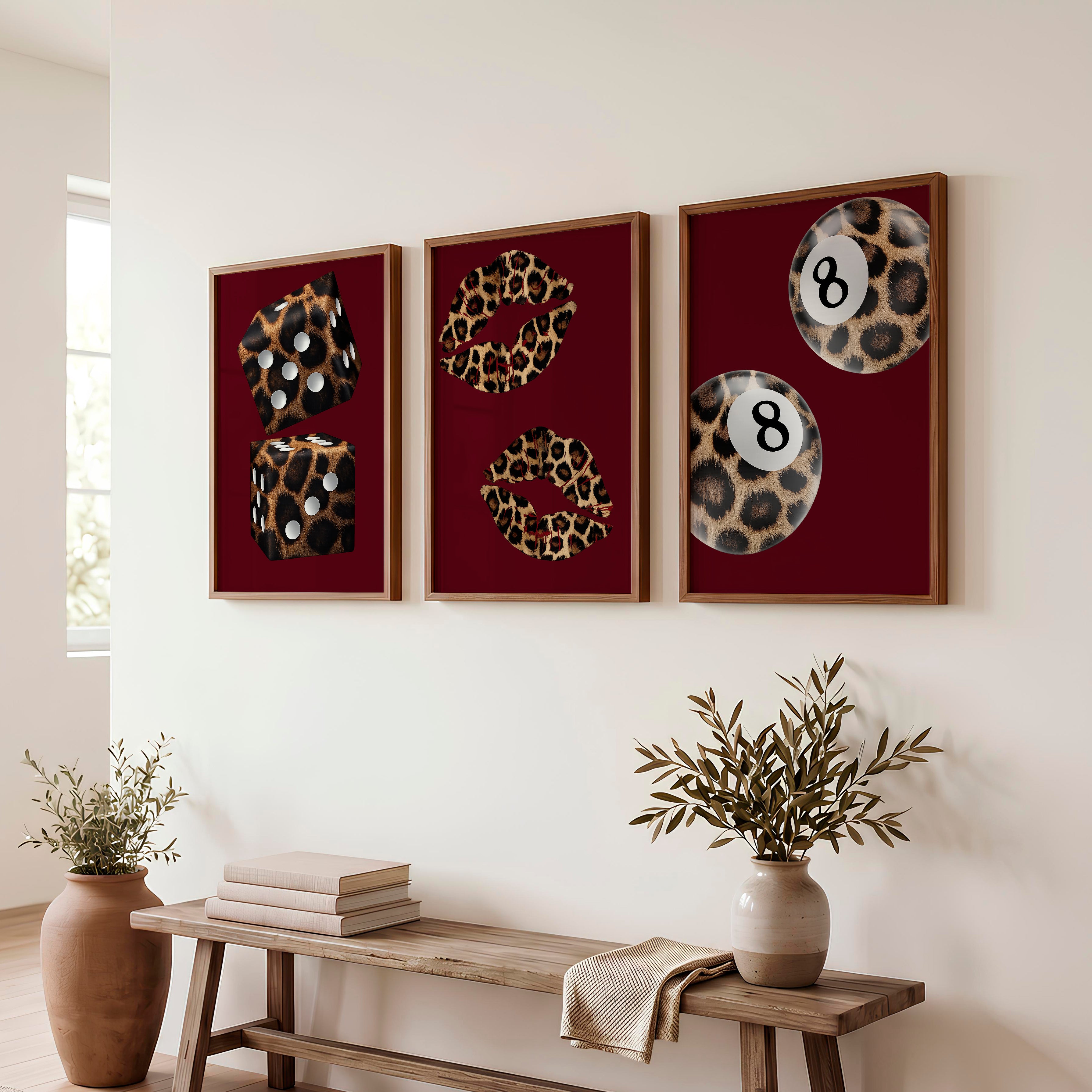 Leopard Dice Retro Art Wall Print - Dark Brown Framed Poster No Border - Artworksets