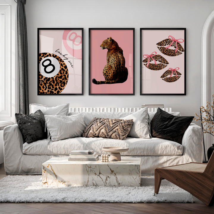 Leopard Lips Retro Art Wall with Pink Bows - Black Framed Poster No Border - Artworksets