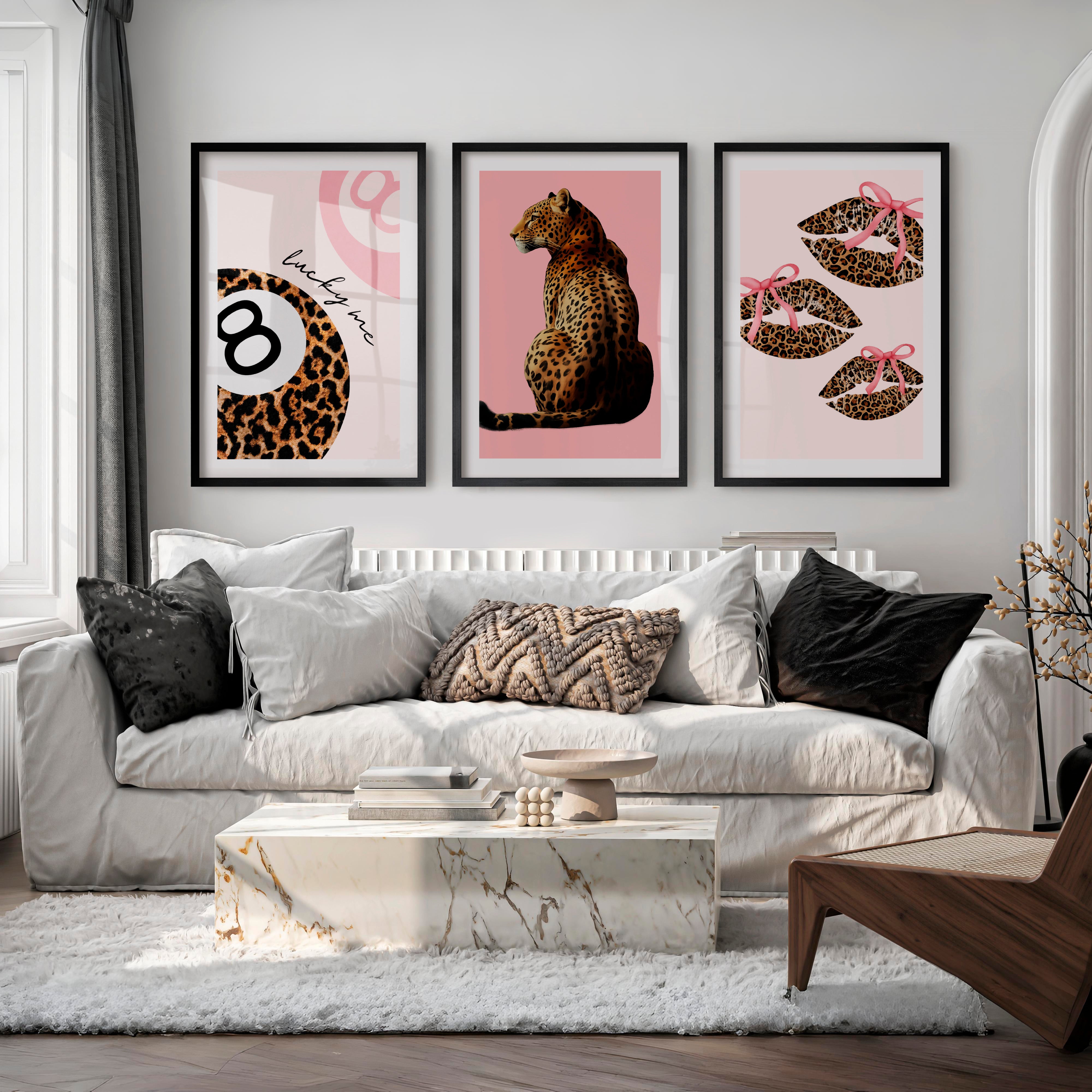 Leopard Lips Retro Art Wall with Pink Bows - Black Framed Poster with White Border - Artworksets