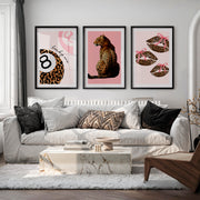 Leopard Lips Retro Art Wall with Pink Bows - Black Framed Poster with White Border - Artworksets
