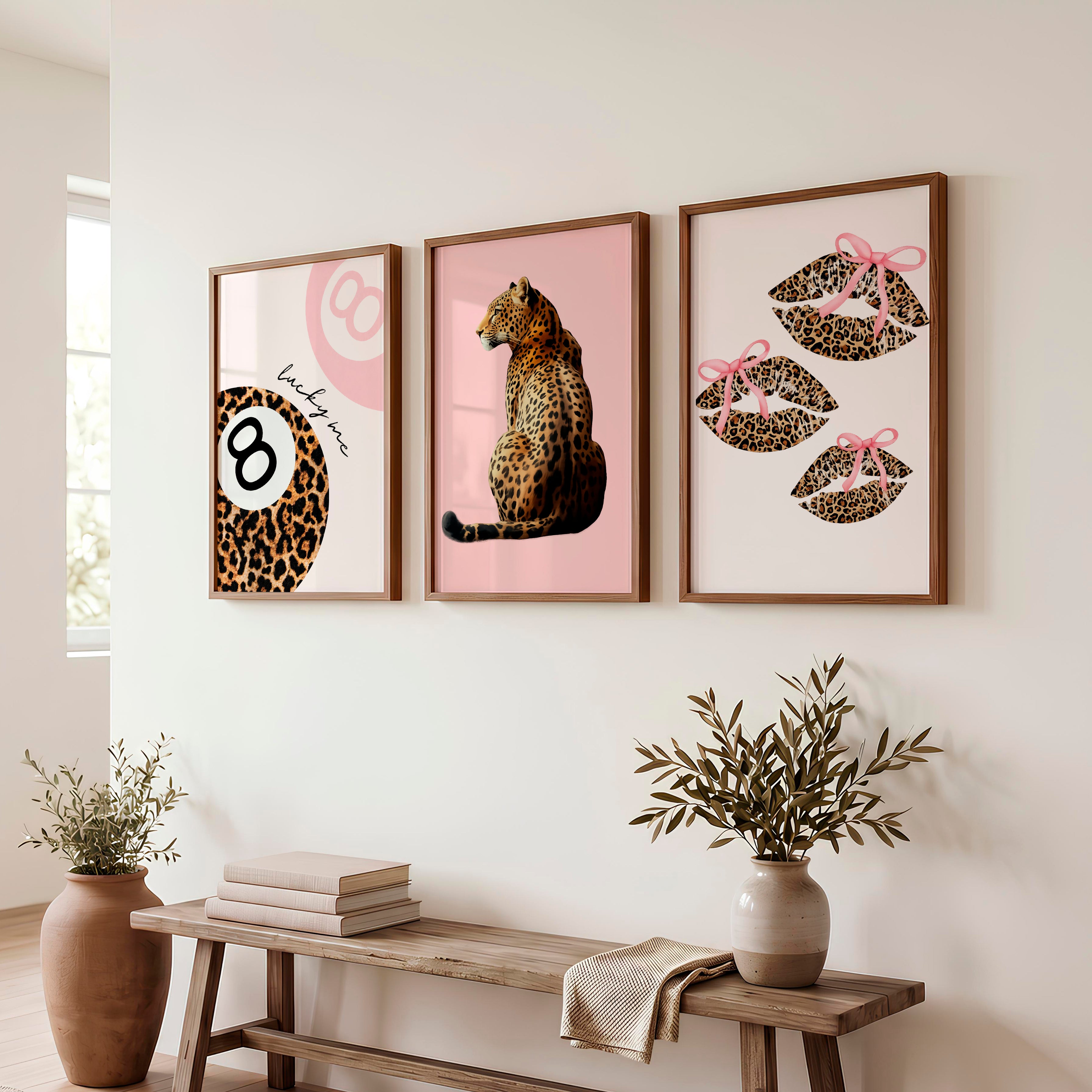 Leopard Lips Retro Art Wall with Pink Bows - Dark Brown Framed Poster No Border - Artworksets